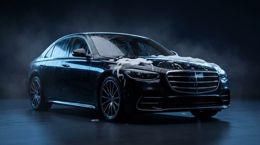 Foam sheeting off the hood of a freshly washed car