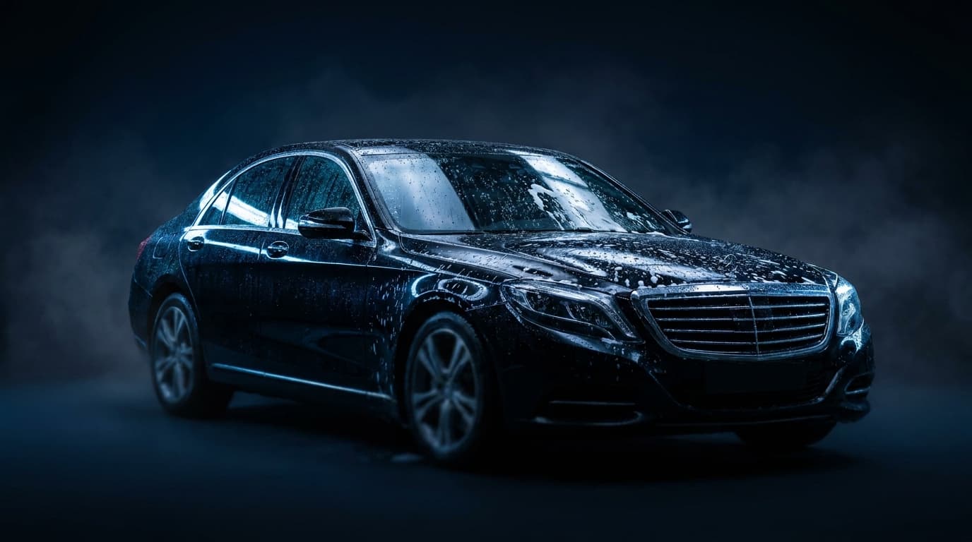 A glossy luxury car beaded with water under cinematic lighting